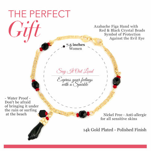 Gold-plated bracelet featuring black and red crystal beads and a 14k gold-filled Azabache Figa hand charm for spiritual protection. It measures 7.5 inches, is waterproof, nickel-free, and anti-allergic. This piece is part of our Genuine Jet Black Azabache Bracelet and Necklace collection designed to ward off the evil eye.